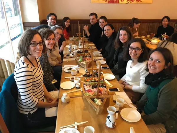 Lab members at a sushi restaurant, 2017