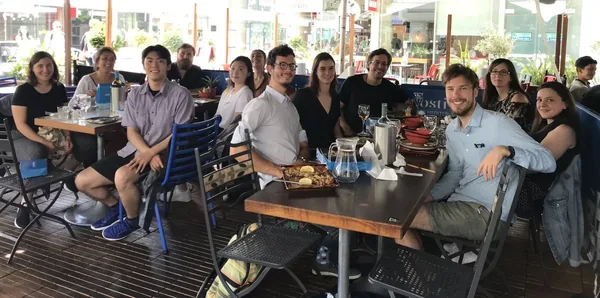 Lab members at lunch on a restaurant terrace, 2021